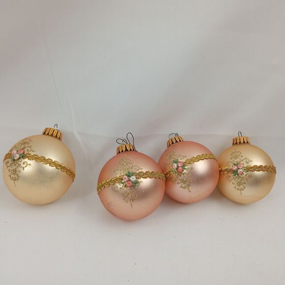 3 Box Vintage Glass Christmas Bell Round Ornaments Krebs Pink Gold Floral Ribbon - Picture 6 of 16